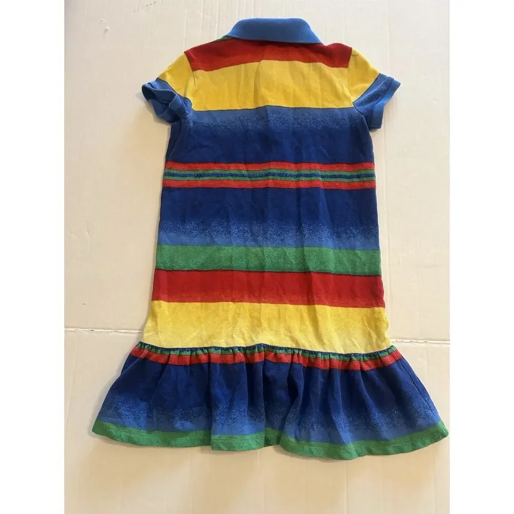 Polo Ralph Lauren Girls Size 6 Dress Multicolored Striped‎ Ruffle Cotton Casual